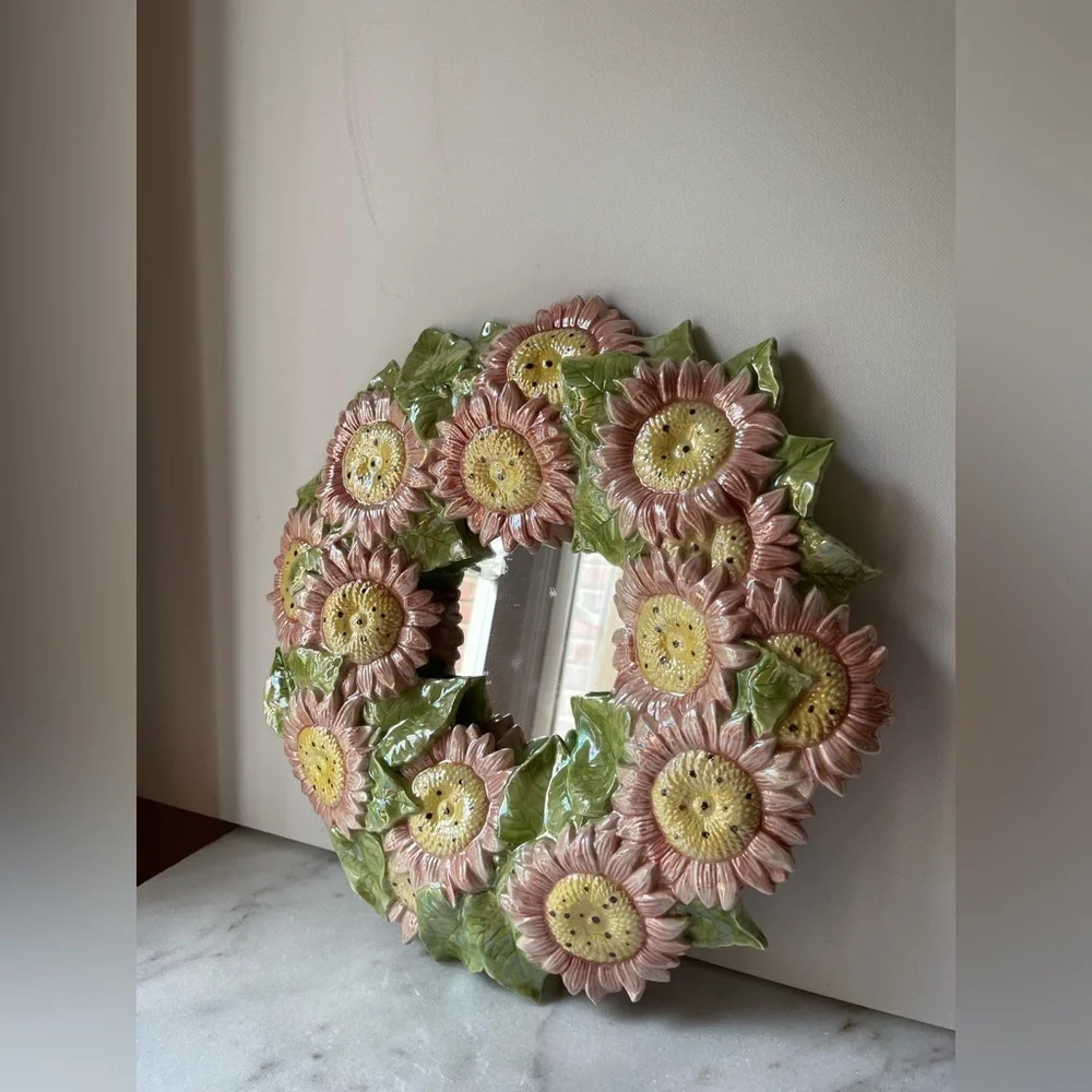 Floral Sunflower Wall Mirror - Pink and Green majolica ceramic artist mirror